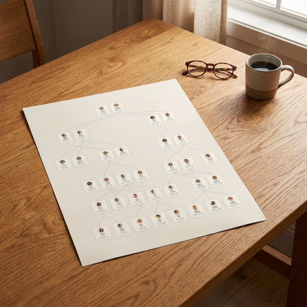 A printed family tree lying on a wooden table