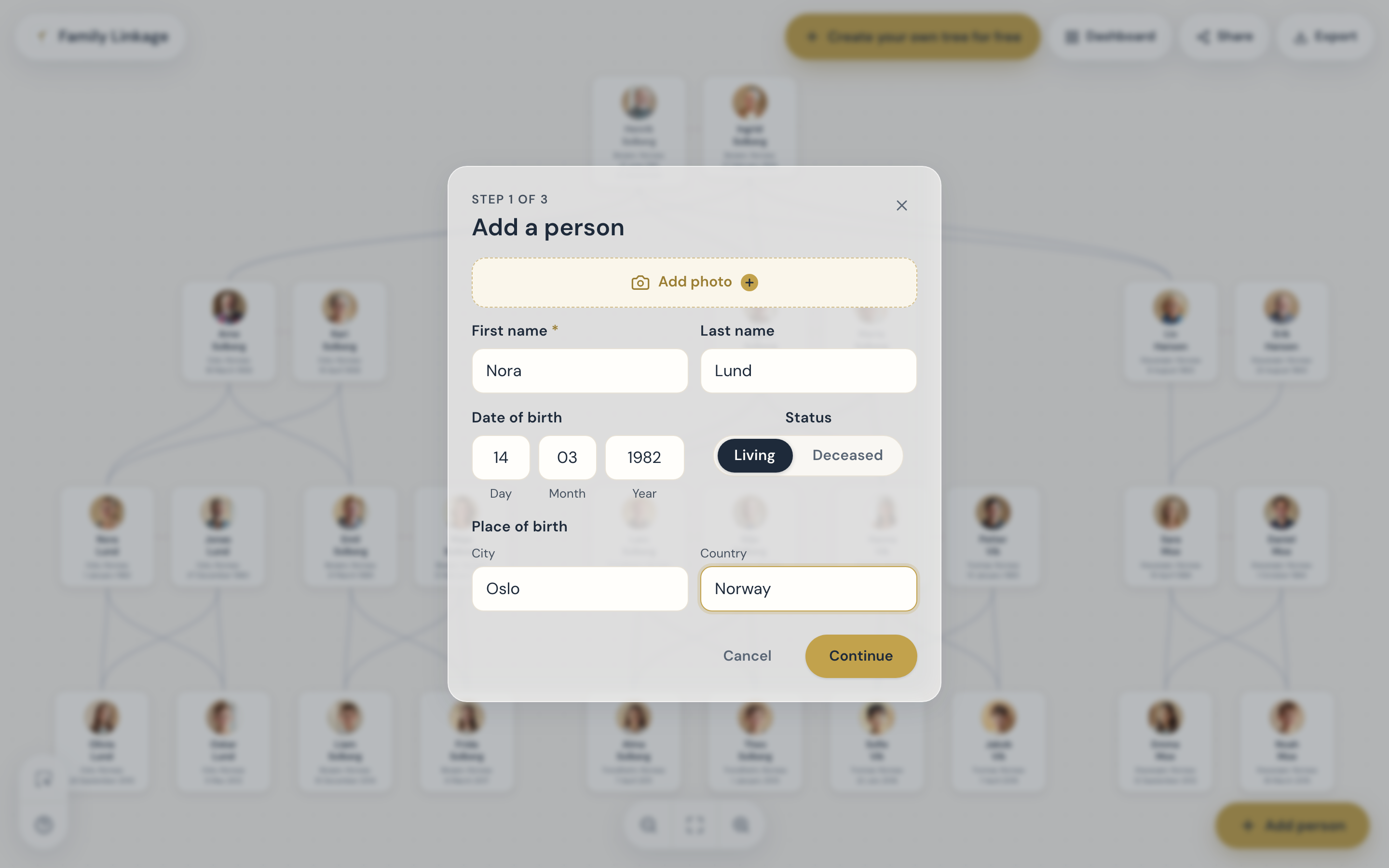 The add person screen: name, date of birth, status, and place fields filled in for Nora Lund