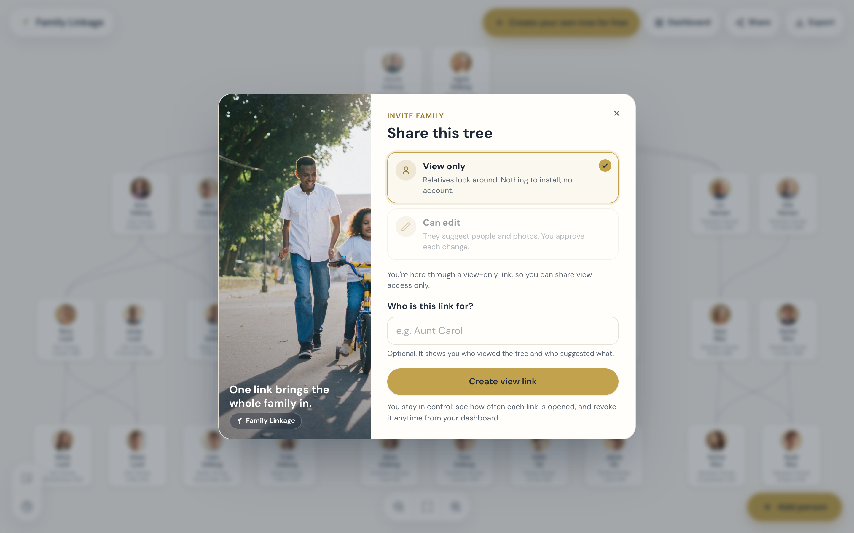 The share screen: create a view link or an edit link and send it to a relative